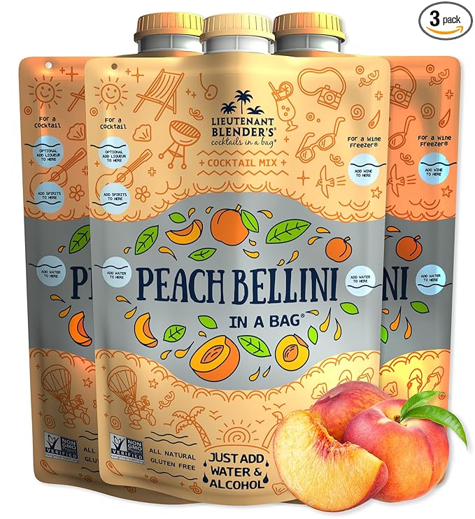 Lt. Blender's Peach Bellini in a Bag - Wine Slushie Mixes - Each Bag Makes 1/2 Gallon of Frozen Peach Bellini Mix – Non-GMO Wine Freezer mix - Make with Wine, Liquor or as a Mocktail - (Pack of 3)
