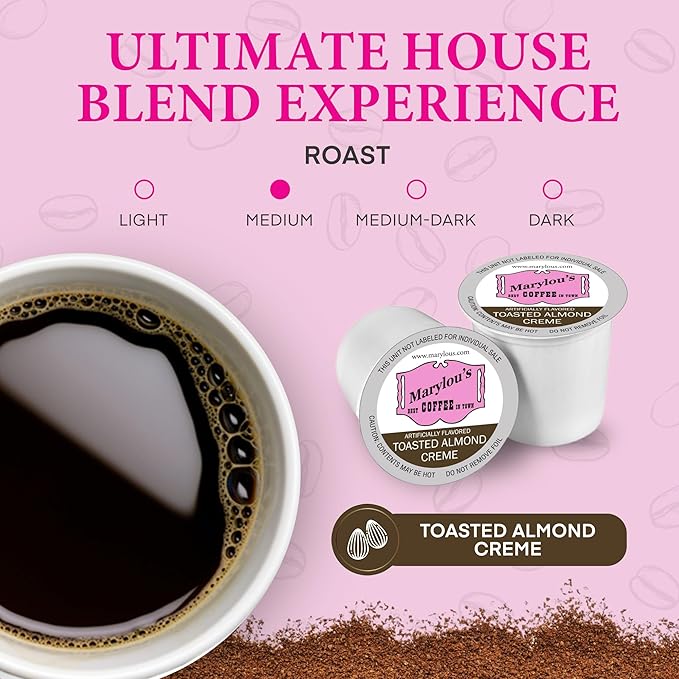 Marylou's Toasted Almond Creme Flavored Gourmet Coffee – Single Serve Coffee Pods, Compatible with Keurig Brewers – 12 Pods