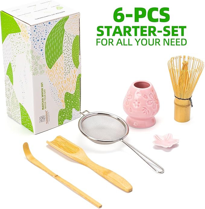 TEANAGOO Matcha Whisk Set,6-PCS Traditional Starter Set,100 Prongs Whisk with Pink Cherry Blossom Holder,Scoop(Chashaku),Bamboo Chasen,Tea Spoon,Ceremony Accessory
