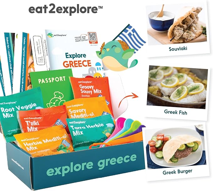 eat2explore Cooking Kits for Kids – Interactive & Educational Kids Cooking Sets Real for Ages 5 and Up,3 Recipe Cards & Global Ingredients – Fun Gift for Young Chefs (Greece Edition)
