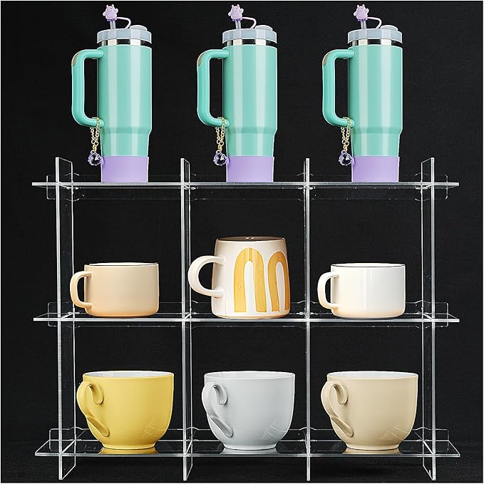 Cup Rack, Acrylic 3-Layer 3-Grid Storage Rack, Stanley Cup Mug Coffee Cup Storage DisplayRack, Kitchen, Office, Home Coffee Bar Storage Rack - Transparent