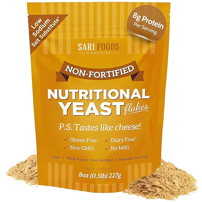 Sari Foods Non-Fortified Nutritional Yeast Flakes - 8oz - Superfood, Protein. Gluten Free & Dairy Free Vegan Cheese Parmesan Substitute, Vitamins B, Beta-glucans & 18 Amino Acids