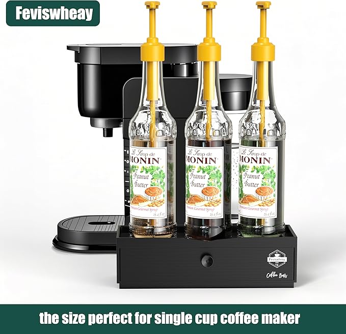 Coffee Syrup Rack Organizer,Syrup Bottle Holder Stand with K Cup Pod Drawer Storage.3 Bottles Storage Shelves for Syrup,Wine,Compact Design for Coffee Bar and Small Spaces