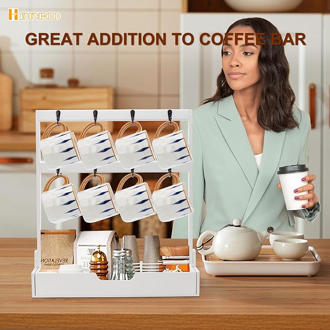 MinBoo Coffee Mug Cup Stand Bamboo Counter Top with 16 Hooks 2 Tier Coffee Mugs Tree with Coffee Pod Drawer Countertop Mug Rack Shelf Organizer Stand for Home Coffee Bar Kitchen Storage Display White