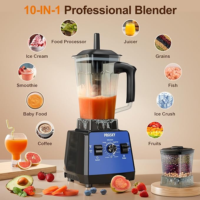 Blenders for Kitchen, Commercial Blender,2400W PRASY Food Processor with 101oz Juice & Grinder Jar, BPA-Free, 25000 RPM Blenders for Smoothies, Ice Crushing, Frozen Fruit (Blue, 2L)