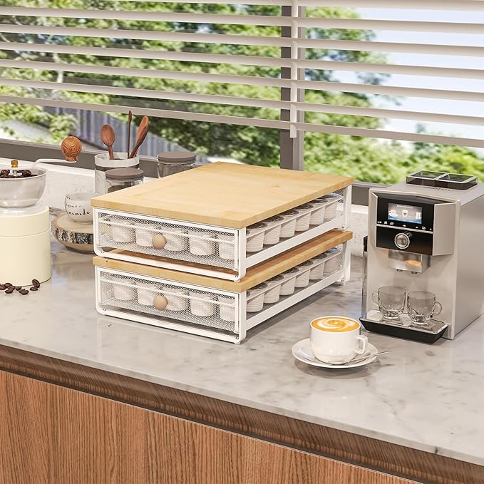 K Cup Organizer, Coffee Pod Holder Drawer, Under Brewer Storage Organizer with Sliding Drawer holds up to 35 K Cup Pods, No Assembly Needed, Natural colour