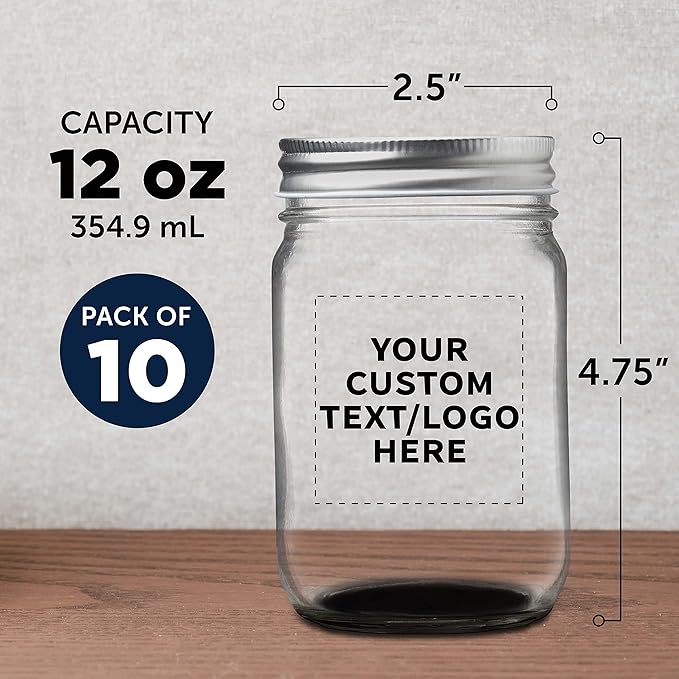 DISCOUNT PROMOS 10 Decorating Mason Jars Set, 12 oz. - Customizable Text, Logo - Canning, Aluminum Lid - Black
