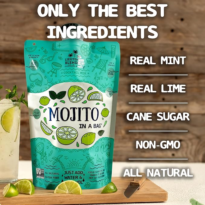 Lt. Blender's Mojito in a Bag - Makes 1/2 Gallon of Frozen Mix - Non-GMO Cocktail Mix for Slushies - Make a Cocktail, Wine Slushie or Mocktail - (Pack of 1)