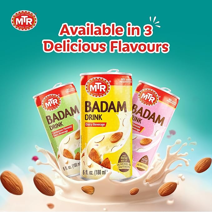 MTR Badam Drink, Ready-to-Drink - Authentic Indian Almond Milk Beverage, Real Bits of Almond & Saffron, No Added Preservatives, No Added Artificial Flavors & Colors, Gluten-Free, Refreshing Drink, Perfect for Anytime Refreshment, Pack of 6