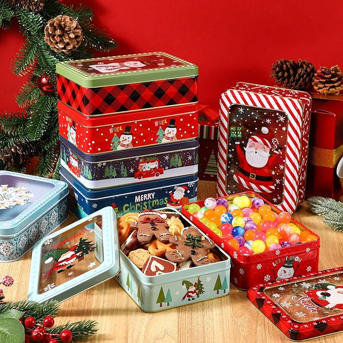 Tioncy 8 Pcs Christmas Cookie Tins with Lids Large Cookie Boxes Metal Empty Tins Santa Tinplate Xmas Gift Box for Christmas Holiday Candies Treats Storage Container (Novel)
