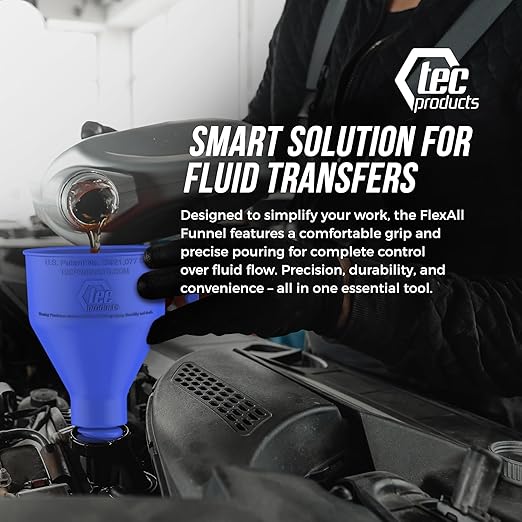 FlexAll Long Flexible Funnel for Automotive Use - Durable Nitrile Rubber - Ideal for Car Oil Change, Transmission Funnel Fluid, Diesel, Fuel, Gas - Made in USA - Blue (16 x 5 Inches)