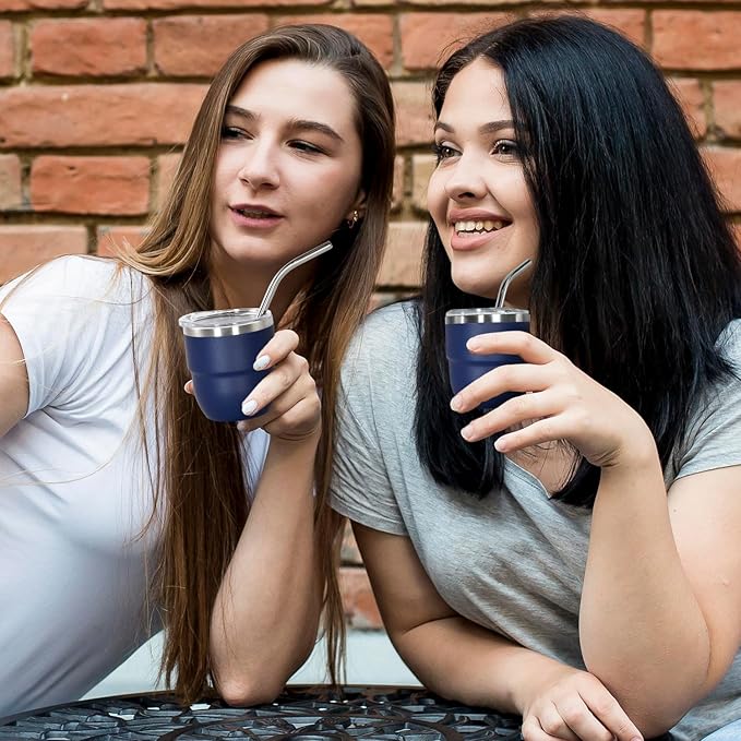 4oz Stackable Cup, Vacuum Insulated Espresso Cup Set of 2, Espresso Shot Glass for Coffee, Double Wall Stainless Steel Mini Tumbler Shot Glasses with Straw and Lid (A-navy2P, 4oz)