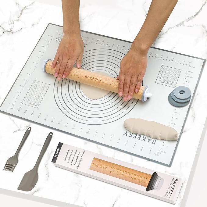 Bakeesy's 14' Wooden Rolling Pin Set with 5 Adjustable Thickness Rings - Roller Pin for Rolling Pizza, Cookie Dough, Pastry, Ravioli, Clay Slab - Full Set with Accessories - Perfect Baking experience