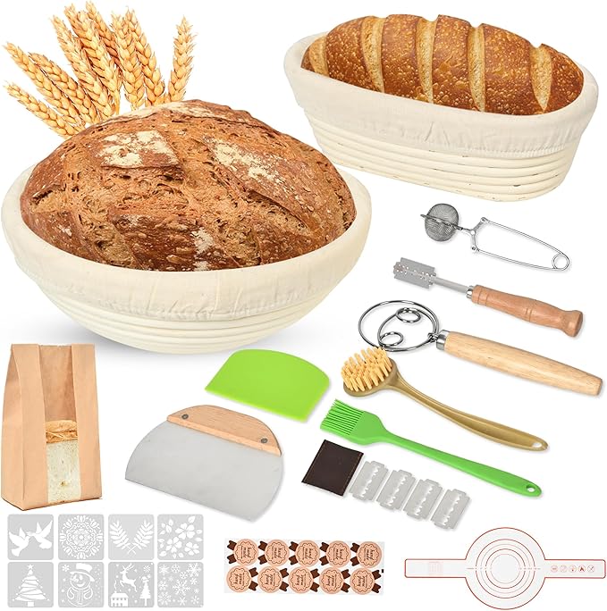 Sourdough Starter Kit, 9" Round & 10" Oval Banneton Bread Proofing Basket Set, Sourdough Bread Baking Supplies, Bread Making Tools Gift Set for Beginner Professional Bakers