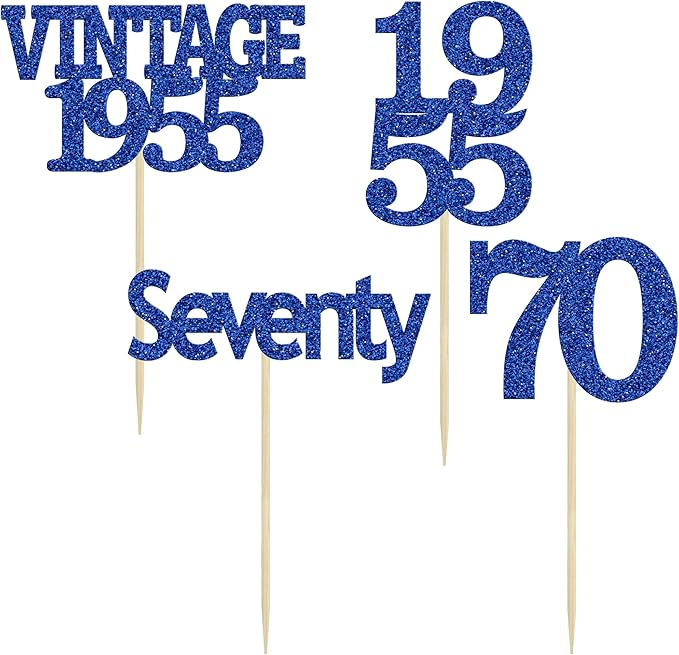 Gyufise 24Pcs Vintage 1955 Cupcake Toppers Glitter Cheers to 70 Fabulous Seventy Cupcake Picks 70th Birthday Wedding Anniversary Party Cake Decorations Supplies Deep Blue