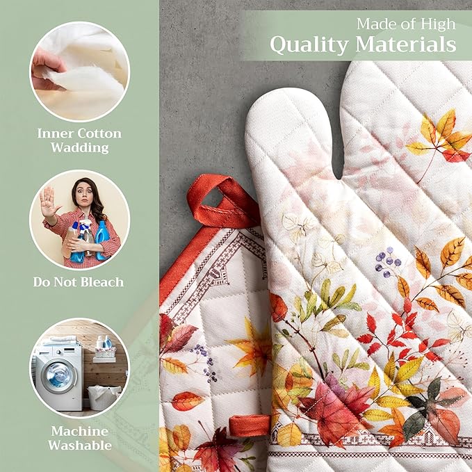 Maison d' Hermine 100% Cotton Oven Mitt & Pot Holder Set (7.5"x13" & 8"x8") Heat Resistant BBQ Cooking Gloves with Loop, Baking, Grilling, Kitchen, Handling Hot Pans (Amarante)