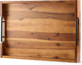 20 Inch Acacia Wood Ottoman Tray with Metal Handle - Wooden Square Serving Tray - Extra Large Food Trays for Decorative, Coffee Table, Breakfast in Bed - Charcuterie Trays Use for Kitchen