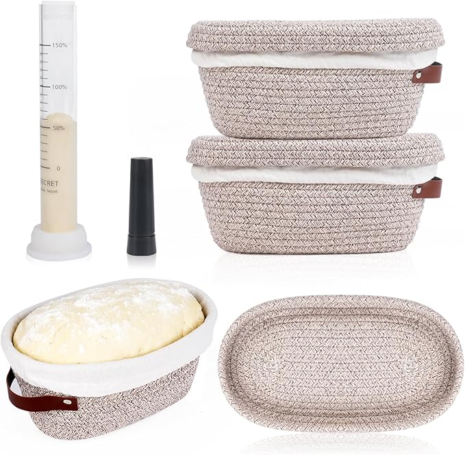 Stackable Cotton Banneton Proofing Basket Set, With Pro Sourdough Aliquot Jar for Rise Tracking – 9 inch Round Bread Basket x 2, Sourdough Bread Baking Supplies, Pro-Level Bread Proofing Kit
