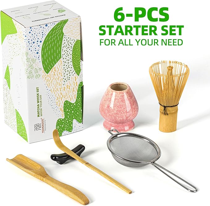 TEANAGOO Matcha Whisk Set,Matcha Whisk (100 prongs) with Pink Holder,6-PCS Traditional Starter Set,Scoop (Chashaku),Tea Spoon,Bamboo Chasen for Making Latte,Ceremony Accessory,Gife for Friend/Family
