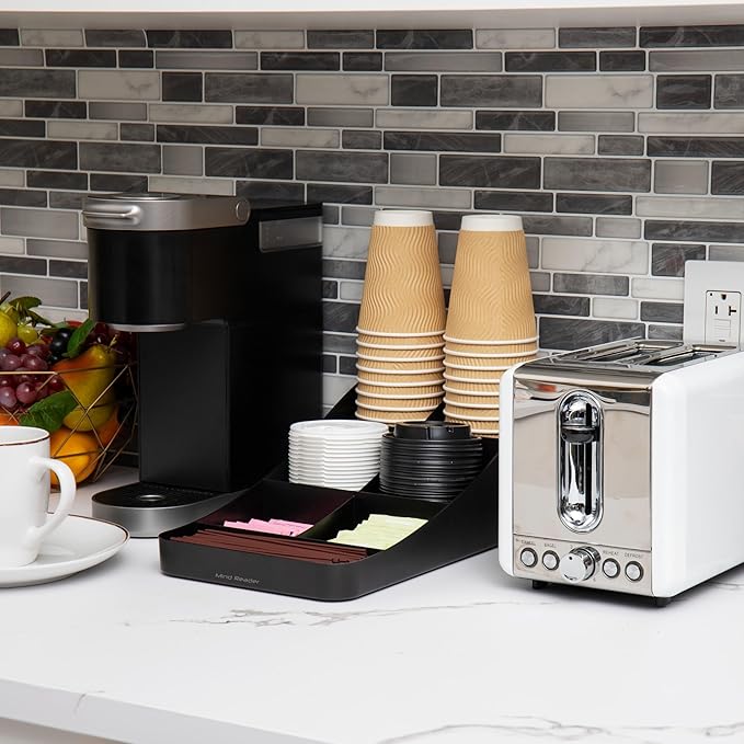 Mind Reader Cup and Condiment Station, Set of 2, Countertop Organizer, Coffee Bar, Kitchen, 7.25" L x 15.5" W x 5.25" H, Black