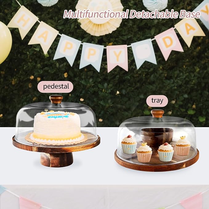 Wood-Cake-Stand With Acrylic Dome Lid, Round Wooden Cake Holder Plate With Cover, 2-in-1 Dessert Table Display Set For Party, Charcuterie Board For Cheese, Chips & Dips, Nachos, Fruit Platter