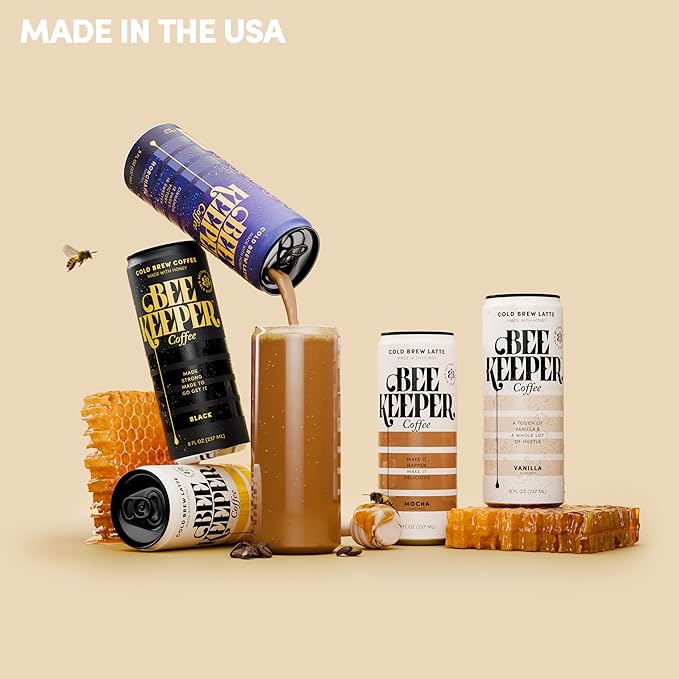 Beekeeper Coffee Cold Brew Caramel Latte with Oregon Honey, 8 fl oz cans (Pack of 12), Ready-to-Drink, 125mg Natural Caffeine