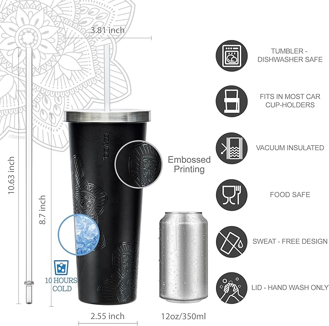 bzyoo SUP Double Wall Vacuum Insulated Tumbler with Straw and Lid Stainless Steel Water Bottle Cold Drink Travel Mug Cup Valentines Gifts For Him & Her (710ml) Color: Mandala Black