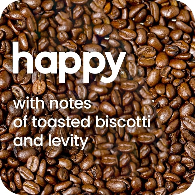 happy coffee light roast coffee pods, 10 count, notes of toasted biscotti and levity, compatible with most K-cup brewers, rainforest alliance certified