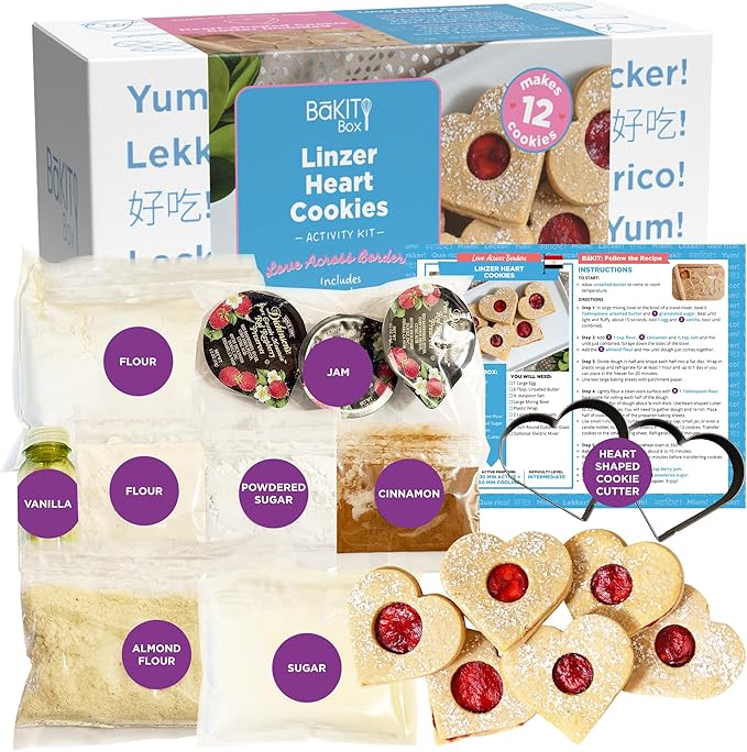 BāKIT Box Linzer Heart Cookies Baking and Activity Kit, Kids Heart Cookie Decorating Kit, International Snack Box of Cultural Learning and Fun Activities, Great for Kids Gifts