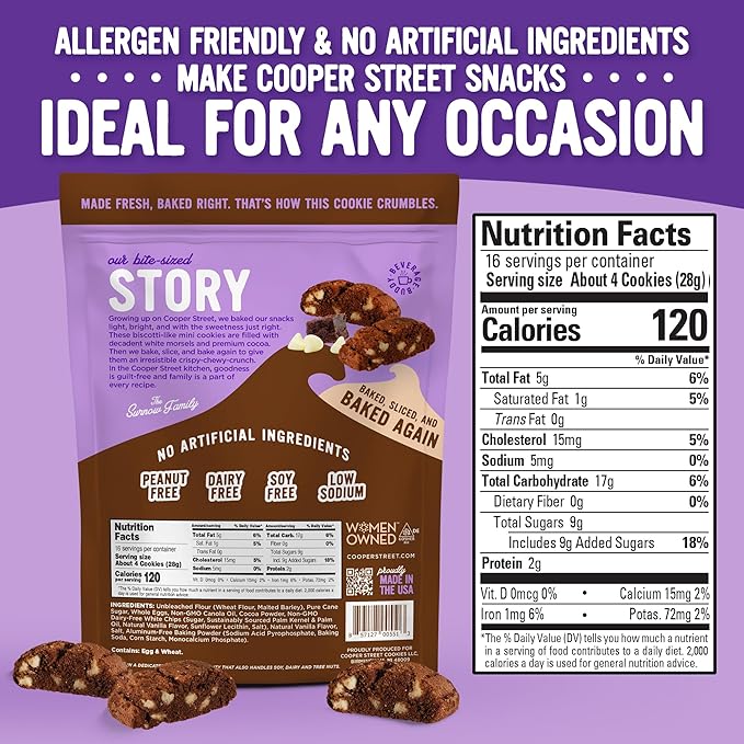 Cooper Street Twice-Baked Brownie Chocolate Biscotti Cookies (16 oz) - Over 50 Two-Bite Mini Italian Style Biscotti Snacks - Dairy-Free, Peanut Free, Kosher, Low-Calorie, Perfect with Coffee or Tea