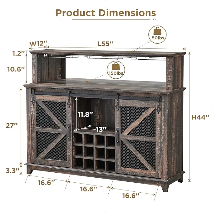 OKD Farmhouse Coffee Bar Cabinet with LED Lights, 55" Wine Bar w/Sliding Barn Door & Wine and Glass Rack, Kitchen Buffet Cabinet w/Storage Shelves for Dining Room,Dark Rustic Oak
