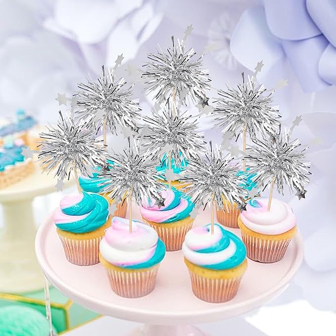 30 PCS Foil Firework Cupcake Toppers Star Cupcake Picks Sparkle Tinsel Flower Drink Stirrers Cocktail Food Fruit Toothpicks for Valentine's Day Birthday Party Cake Decorations Supplies Silver