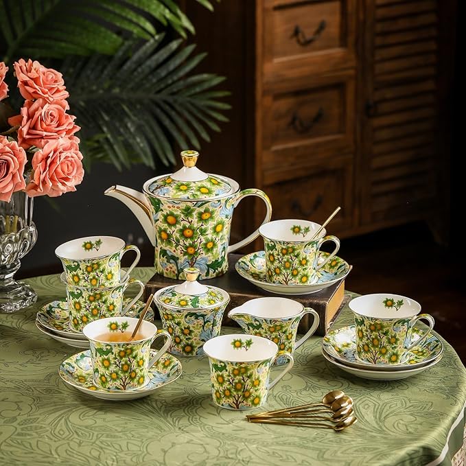 ACMLIFE Tea Set for Adults- Fine China Tea Set for 6, 21-Piece Vintage Coffee Set English Porcelain Tea Pot Sets for Adult Tea Party for Women Gift (Fruits Green, Extra Large 21)