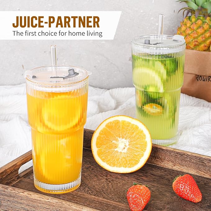 20 oz Glass Cup with Lid and Straw, Glass Tumbler with Straw and Lid, Vintage Glassware for Whiskey Cocktail Beer, Iced Coffee Cups with Lid (3 PACK)