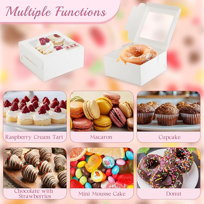 OAMCEG 80 Pack Cookie Boxes with Window 6x6x3 Inches White Cupcake Boxes, Bakery Treat Boxes with Stickers & Twine for Pastry, Desserts, Strawberries, Cupcakes, Gift Giving