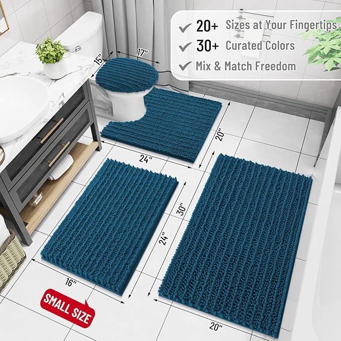 Arotive Luxury Chenille Bathroom Rug Mat, Extra Soft Thick Absorbent Shaggy Bath Rugs, Non-Slip Machine Wash Dry, Plush Bath Mats for Bathroom, Shower and Tub, 59x35, Peacock Blue