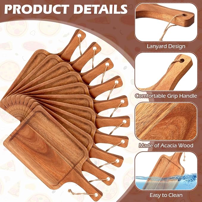 Tanlade 16 Pcs Acacia Wood Cutting Board with Handle Chopping Boards Decorative Charcuterie Platter Pizza Bread Cheese Fruit Serving Tray for Kitchen Counter Table Christmas Decorate(12 x 6 Inch)