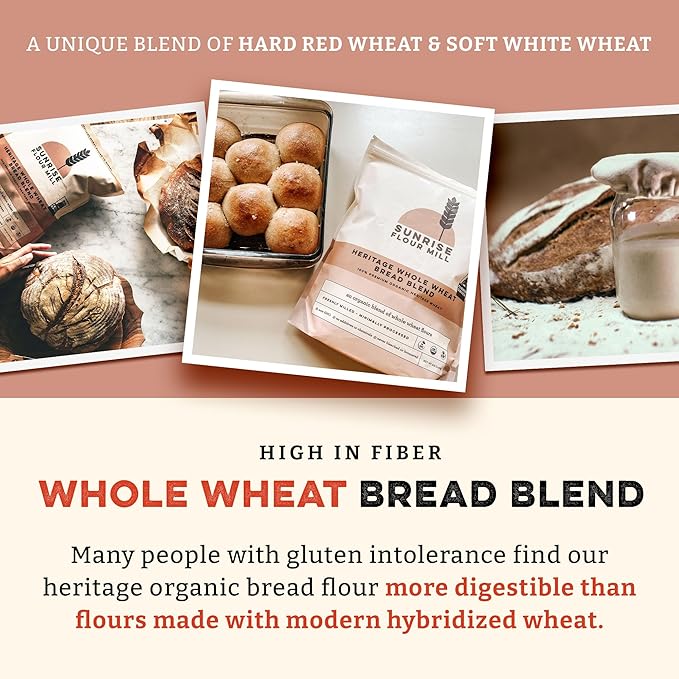 Sunrise Flour Mill Heritage Whole Wheat Bread Blend - 2 lb | USDA Organic All Purpose Flour Unbleached - Non-GMO, Kosher, Grown Without Glyphosate, Ancient Grains, Bread Flour Organic.