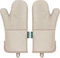 Beneno Kitchen Oven Mitts 2-Pack Heat Resistant to 500°F with Non-Slip Silicone Grip, Extra Long 14.3" Forearm Protection, Soft Quilted Cotton Terry Lining, Ideal for Cooking, Baking, Grilling, Beige