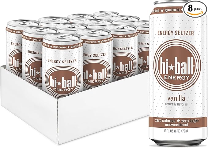 Hiball Energy Vanilla Seltzer Drink, Zero Sugar and Calorie, 16 Fl Oz Cans, 8 Count
