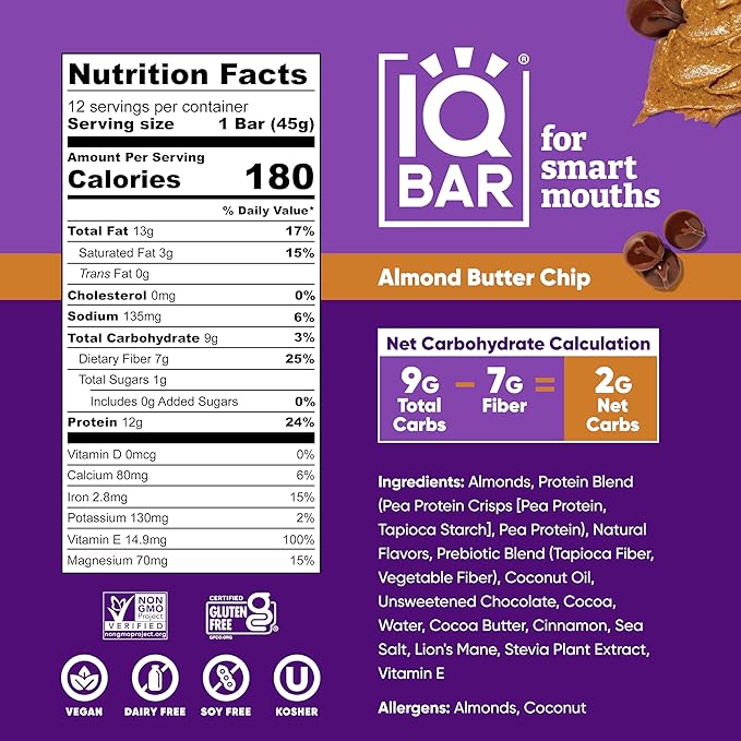 IQBAR Brain and Body Plant Protein Bars - Almond Butter Chip - 24-Count - Keto, Vegan, Low Carb, High Fiber, Gluten Free, Dairy Free, Low Sugar Snack with Nutrients for Focus, Energy, Meal Replacement