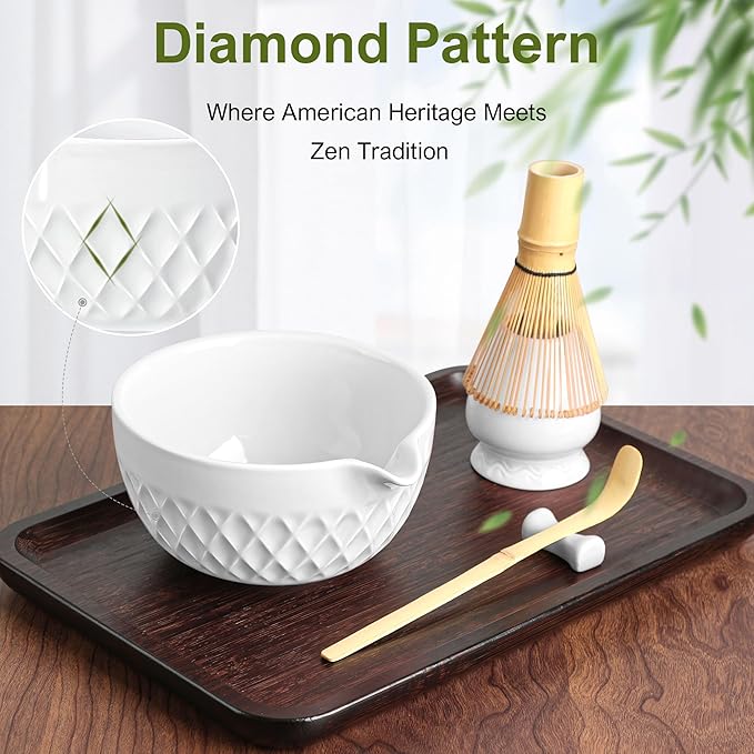 Matcha Whisk Set, 7 Pcs Matcha Kit, Ceramic Matcha Set Includes Matcha Bowl with Spout, Matcha Whisk and Holder, Bamboo Scoop, Scoop Rest, Sifter and Tea Towel (Ceramic White)