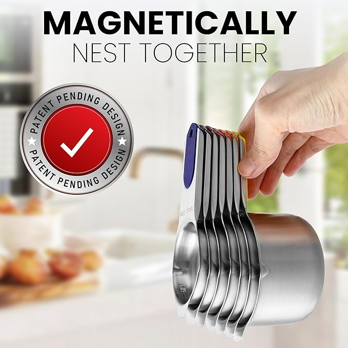 Spring Chef Magnetic Stainless Steel Measuring Cups (Patent Pending), Kitchen Tools with Easy to Read Markings for Measuring Dry or Liquid Ingredients, Set of 7, Mountain Sunrise