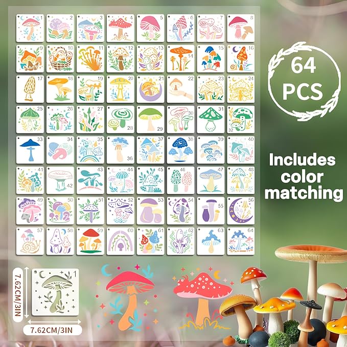 Felixcraft Mushroom Stencils for Painting, 64PCS 3x3 Inch Plastic Forest Stencils for Crafts Reusable, Durable PET Material for Wood Signs, Wall Art, Fabric Painting, and Magical DIY Art Projects