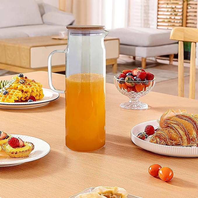 50oz Glass Pitcher with Lid, Glass Water Carafe with Handle, Fridge Water Jug Cold or Hot Beverages, Iced Tea, Milk, Juice (Set of 2)