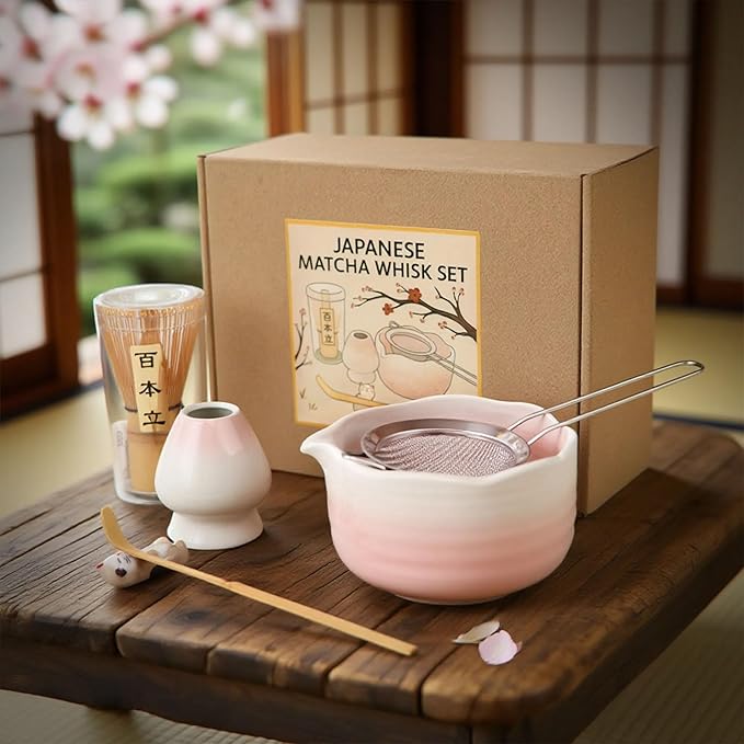 Pink Matcha Whisk Set, 6 Pcs Matcha Kit Includes Pink Matcha Bowl with Spout, Macha Whisk & Holder, Tea Scoop, Stainless Sifter, Cat Scoop Rest, Unique Macha Gifts for Women, Friend, Birthday