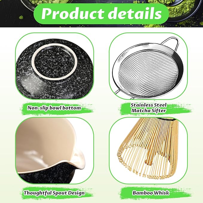 Matcha Set, 6 Pcs Matcha Whisk Set with 20 oz Bowl, Bamboo Whisk for Matcha Tea, Matcha Bowl, Ceramic Matcha whisk Holder, Stainless Sifter and Scoop - Gift for matcha kit Lovers（Black）