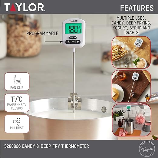 Taylor Programmable Digital Candy and Deep Fry Thermometer with Green Light Alert Display & Stainless Steel Candy Deep Fry Food Cooking Kitchen Analog Thermometer, 12 Inches