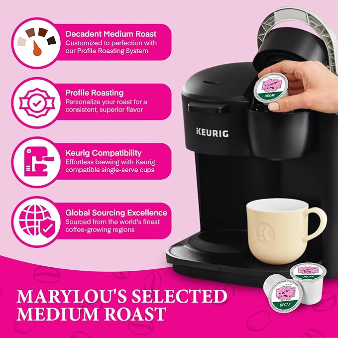 Marylou’s Coffee - Famous Decaf Blend Gourmet Coffee, Delightful Medium Roast Coffee, Compatible with Keurig® Coffee Maker, 1 Count (12 Single Serve Cups)