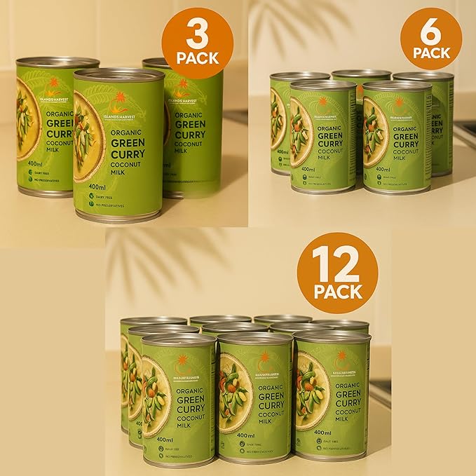 Islands Harvest Organic Green Curry Coconut Milk Pack of 12 - Vegan, Kosher, Halal, Non-Gmo, Usda Organic Green Curry - No Added Artificial Flavors, Colors & Preservatives